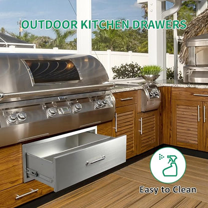 Outdoor Kitchen Drawers 30" W x 10" H x 23" D Stainless Steel Single Drawers with Ergonomic Handle for BBQ Island, Patio Grill Station & Outdoor Kitchen Cabinets