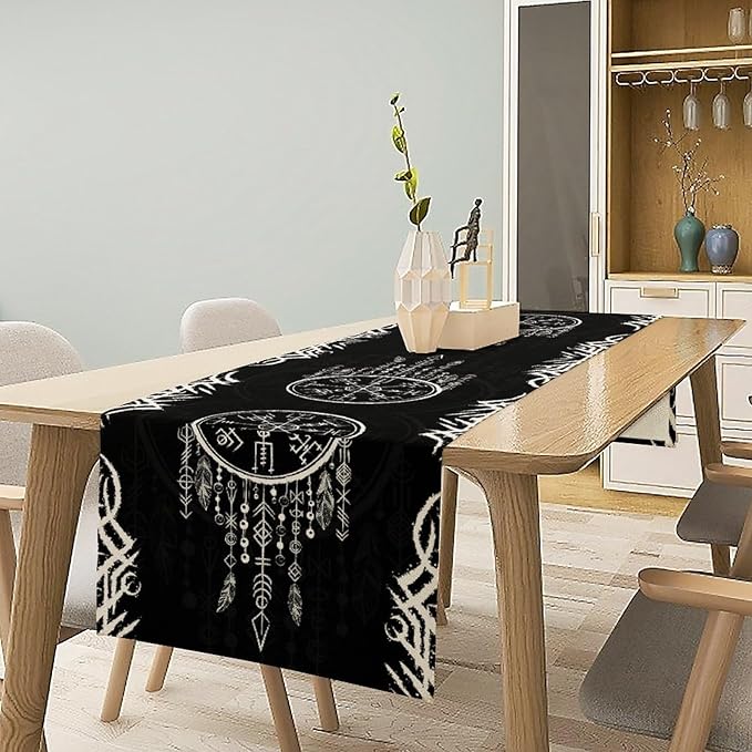Viking Table Runner, Nordic Ancient Mythical Runes Print Table Runner for Home Dining Kitchen Coffee Table Party 13x60in
