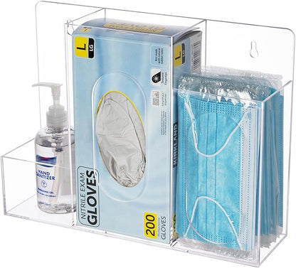 Acrylic Hygiene Dispenser Station with 3 Compartments - Triple Sanitation Station Holder Dispenser for Face Masks, Gloves Box, Hand Sanitizer, Hairnets, Tissues- Wall Mount or Tabletop