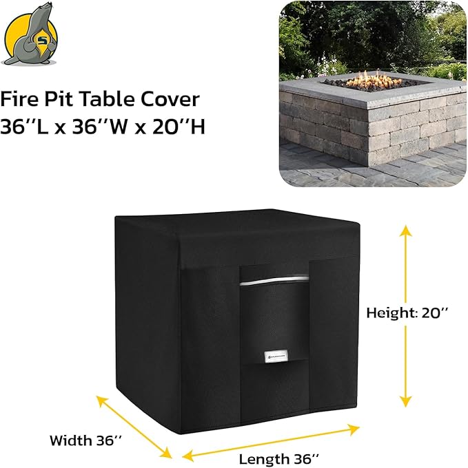 Seal Skin Covers Outdoor Fire Pit Cover – Square 36"L X 36"W X 20”H, Heavy Duty Waterproof Fabric with PVC Coating, Windproof, Tear & Weather Resistant Fire Table Cover for Patio, Black