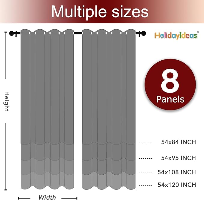 HolidayIdeas Grommet Outdoor Curtains for Patio Waterproof 8 Pcs All Weather Balcony Black Outside Curtains for Apartments, Gazebo, Pergolas, Porch, 54x120 Inch