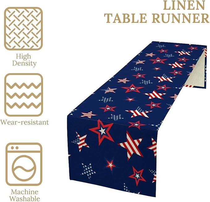 4th of July Patriotic Table Runner, Memorial Day Independence Day Freedom Stars Table Runner for Indoor Kitchen Dining Outdoor Holiday Party 13x120in