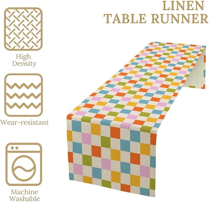 Retro Checkered Table Runner, 60s 70s Summer Seasonal Table Runners for Kitchen Dining Indoor Outdoor Holiday Home Wedding Party 13x60in