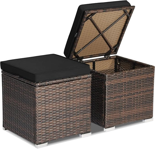 Tangkula 2 Pieces Patio Ottomans, Patiojoy Hand-Woven PE Rattan Side Table with Removable Cushion & Hidden Storage Space, Multifunctional Storage Box, Seat for Patio, Backyard, Poolside (Black)