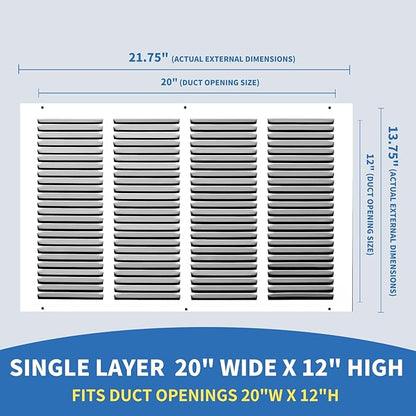 20x12 Return Air Grille (Duct Opening Size), Air Return Vent Cover, AC Vent Cover, Cold Air Return Vent Cover, Flat Return Air Grilles, Outer Dimensions:21.75"W x 13.75"H (20"W x 12"H, Duct Opening)