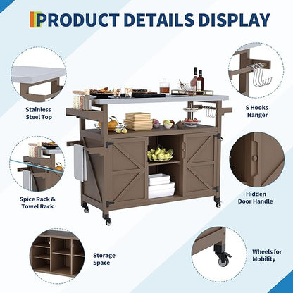 Garvee Outdoor Grill Cart with Storage, Outdoor Bar Cart Rolling BBQ Movable Pizza Oven Table Stand, Kitchen Island Carts with Stainless Steel Top, Spice Rack, Towel Rack & Storage Cabinet, Coffee