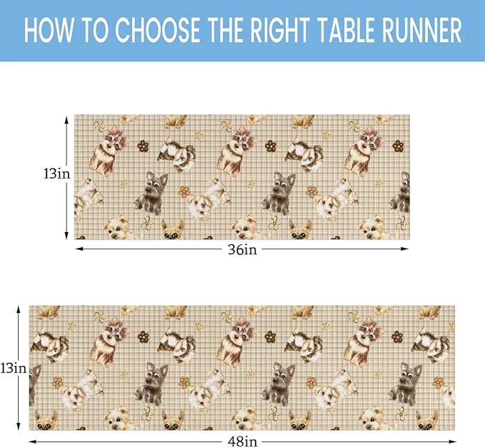 Cute Puppy Table Runner Kitchen Dining Table Runner 13*60in Table Center Decor for Indoor Outdoor Home Holiday Party