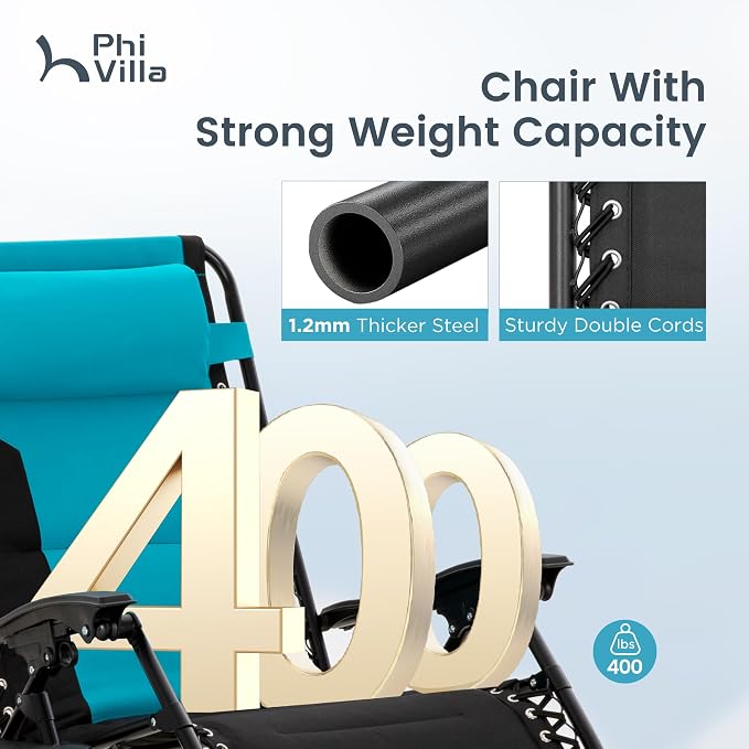 PHI VILLA Padded Zero Gravity Chair Set of 2, Cup Holder, 28in Seat, Aqua | - Image 6