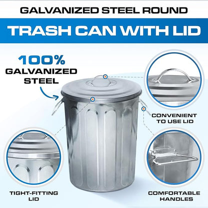 Plexon 5 Gallon Small Metal Trash Can with Lid Outdoor Galvanized Bucket with Lid 5 Gal Fireplace Ash Bucket for Wood Stove Storage Can for Dog Food Bird Seed Storage Container Rodent Pet Proof 3 Pack