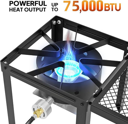 Bonnlo Single Burner Propane Stove with Foldable Side Shelf, 75000BTU Portable Propane Burner with Adjustment Regulator, Gas Stove for Outdoor Camping Patio Cooking Turkey Frying Seafood Boiling