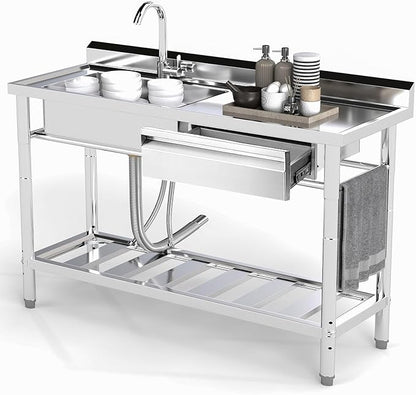 Stainless Steel Utility Sink, 47.2'' Free Standing Single Bowl Kitchen Sink with Cold and Hot Water Pipe, Right Drawer, Indoor and Outdoor for Laundry Room Farmhouse Kitchen(47.2 inch)