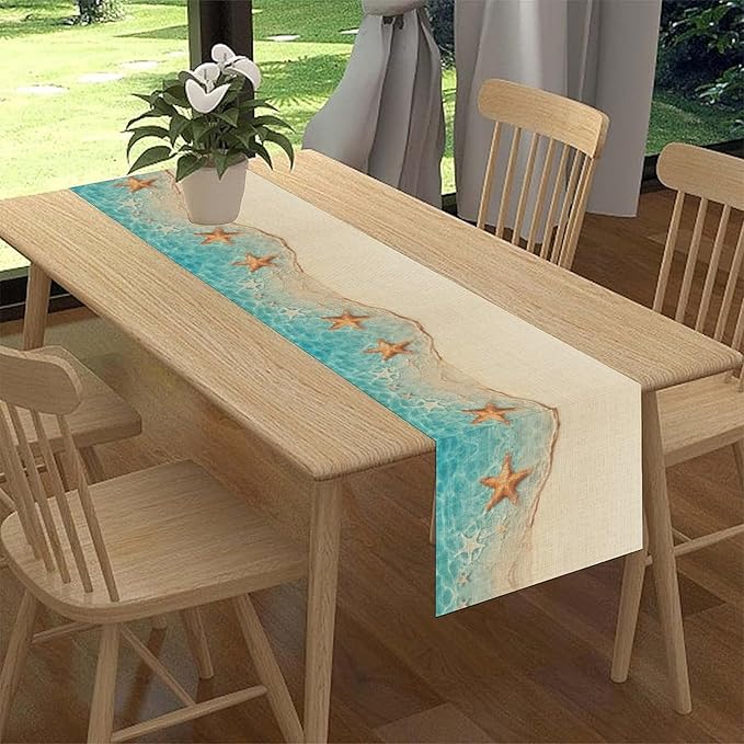 Summer Ocean Starfish Table Runner, Tropical Coastal Blue Sandy Clear Sea Water Waves Coffee Table Center Deco, for Family Kitchen and Living Room Farmhouse Party Table Decorations, 13" X 90"
