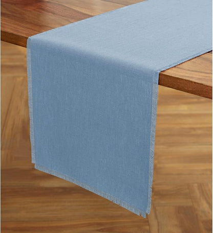 Solino Home Fringe Linen Table Runner 120 Inches Long - 100% Pure Linen Dusty Chambray Blue Dining Table Runner 14 x 120 Inch for Winter, Spring, Easter