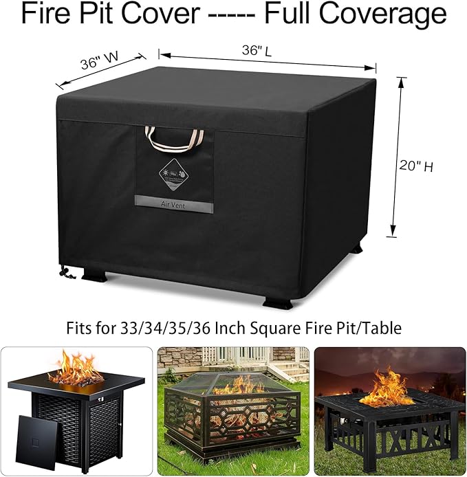 QH.HOME Fire Pit Cover Square Super Waterproof, 36" L x 36" W x 20" H Outdoor Firepit Table Cover 600D Strong Tear Resistant, UPF 50+ Fire Pit Cover Fading Resistant for Square Fire Pit - Black