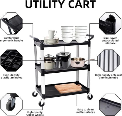 Matthew Plastic Large Utility Carts with Wheels,Heavy Duty 400lbs Capacity Rolling Service Cart,3-Tier Restaurant Food Cart with Hammer for Office,Warehouse,Garage - 2 Handles Black 41"H x 38"W x 20"D