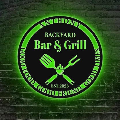 Custom Backyard Bar & Grill Sign - Personalized LED Light Up BBQ Sign, Barbecue Metal Wall Art, Neon Grill Decor for Patio, Man Cave, Home Bar