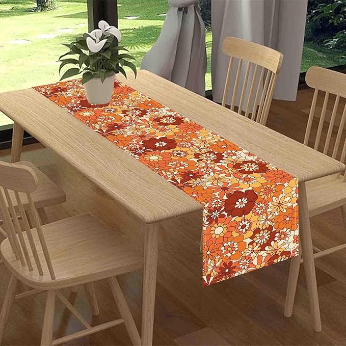 Orange Floral Table Runner, Retro Groovy 70s Hippie Floral Funky Cute Flower Trippy Coffee Table Center Decor For Home Kitchen Dining Patio Holiday Party Indoor Outdoor Table Decorations, 13"x90" Inch