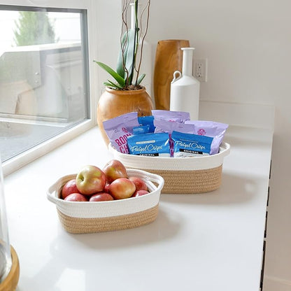 NaturalCozy 5-Piece Rectangle Storage Basket Set- Natural Cotton Rope Woven Baskets for Organizing! Small Basket for Montessori, Baby Nursery, Dog Toy Baskets, Cat Toy Box, Bathroom Organization Bin