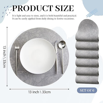 13'' Round Placemats Set of 6, PU Leather Table Mats, Non Slip Heat Resistant Waterproof Oilproof Washable Protective Wipeable for Dining Table, Kitchen, Party Decoration Indoor Outdoor, Gray