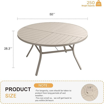 VICLLAX Round Patio Table with Adjustable Umbrella Hole for 6, All Weather Metal Outdoor Dining Table for Lawn Garden, 50" Outdoor Coffee Table, Cream Color Frame