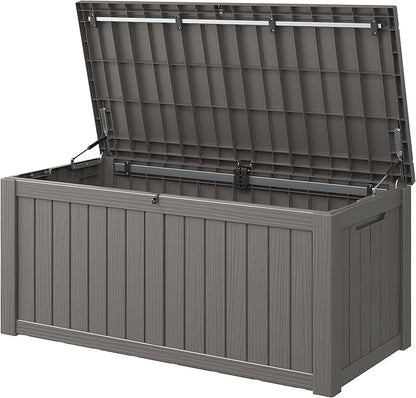 Outdoor Storage Box, 120 Gallon Deck Box, Resin Waterproof Outside Storage Bench, Outdoor Storage Cabinet With Lockable Lid, Backyard Deck Box For Garden Tools, Patio Cushions, Pool Accessories