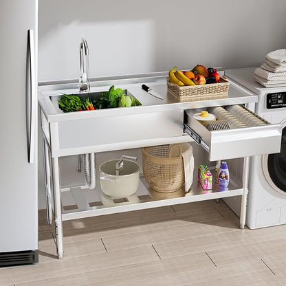 WOEDEN 47" 304 Stainless Steel Utility Sink, Free-Standing Commercial Sink with Workbench, Drawer Storage & Hot/Cold Water Pipes for Laundry, Farmhouse & Outdoor Use