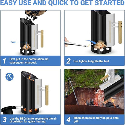 Charcoal Chimney Starter with Doubel Air Volume BBQ Fan and Insulation Gloves Set,Double Enameled Chimney Starter for Charcoal Grill with Wood Handle Insulation and Easy Grip