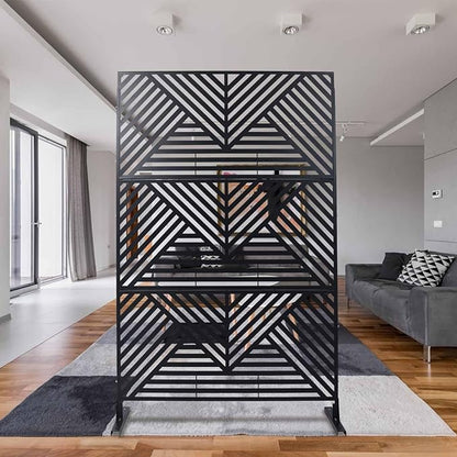 Outdoor Privacy Screen with Geometric Design – Metal Decorative Panel, Freestanding Partition, Weather-Resistant, 76"x48" for Garden, Patio, Balcony, and Yard, Black