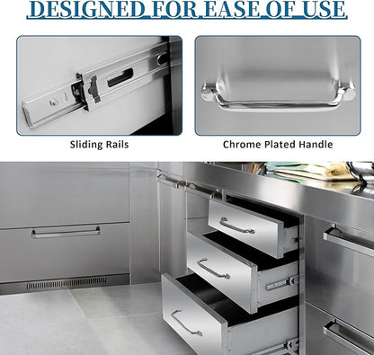 Outdoor Kitchen Drawers 20"Wx27"Hx23"D Flush Mount Access 3-Drawer BBQ Stainless Steel Drawers with Handle for Outdoor Kitchen Island or Grill Station