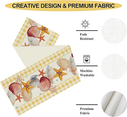Coastal Table Runners, Yellow Plaid Buffalo Nautical Ocean Starfish Coral Seashell Pearl Beach Summer Coffee Table Center Decor for Family Wedding Holiday Party Farmhouse Table Decorations, 13" X 36"