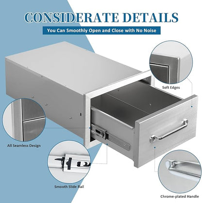 Outdoor Kitchen Drawers 14"Wx8.5"Hx23"D Flush Mount Access Single Drawer BBQ Stainless Steel Drawers with Handle for Outdoor Kitchen Island or Grill Station