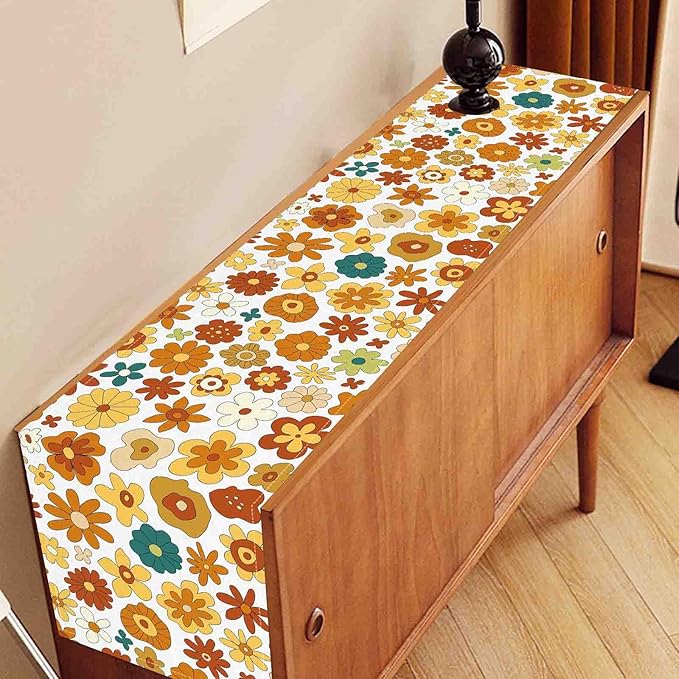 Groovy Floral Table Runner, Retro 70s Hippie Floral Funky Cute Flower Trippy Orange Coffee Table Center Decor For Home Kitchen Dining Patio Holiday Party Indoor Outdoor Table Decorations, 13"x72" Inch