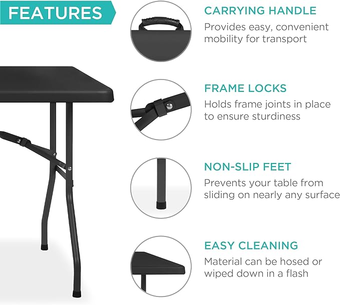 Best Choice Products 6ft Plastic Folding Table, Indoor Outdoor Heavy Duty Portable w/Handle, Lock for Picnic, Party, Camping - Black