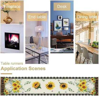 Sunflower Table Runner, Buffalo Floral Seasons Spring Summer Fall Table Runner for Kitchen Dining Farmhouse Home Party Outdoor 13x70in