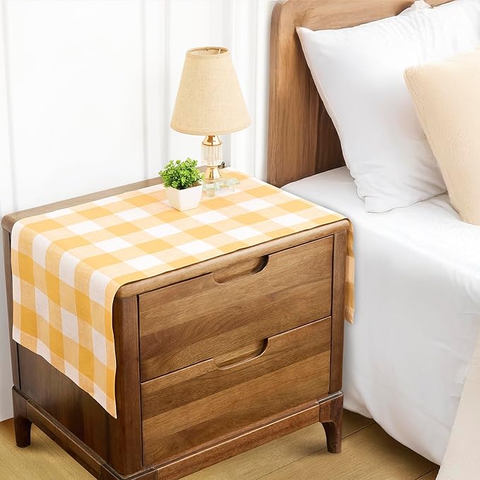 Solino Home Linen Checkered Table Runner 48 Inches - 100% Pure Linen Mustard and White Buffalo Check Short Table Runner 14 x 48 Inch Ideal for Dresser and Coffee Tables, Spring, Easter