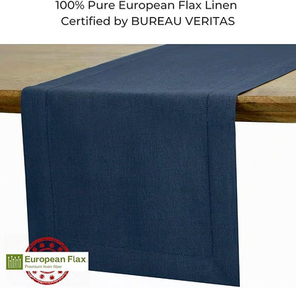D'Moksha Homes Linen Navy Blue Table Runner 132 Inches Long - 100% Pure Linen Extra Long Table Runner 14 x 132 Inch for Easter - Classic Hemstitch