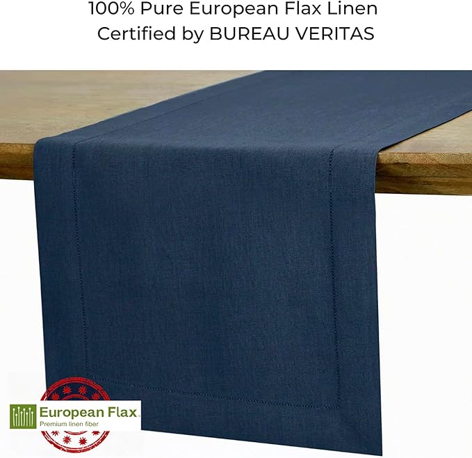 D'Moksha Homes Linen Navy Blue Table Runner 90 Inches Long - Classic Hemstitch 100% Pure Linen Dining Table Runner 14 x 90 Inch for Easter