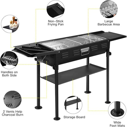 comzenz 35’’ Portable Charcoal Grill Folding BBQ Grill for Outdoor Grilling Cooking Camping Hiking Picnics Tailgating Backpacking Party, With Storage Bag & Non-Stick Frying Pan, Matte Black