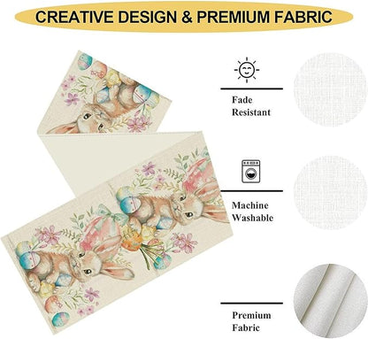 Easter Bunny Table Runner,Rustic Watercolor Bunnies Easter Eggs Carrots Floral Seasonal Table Center Decor for Family Kitchen Living Room Outdoor Farmhouse Party Table Decorations, 13"x72"