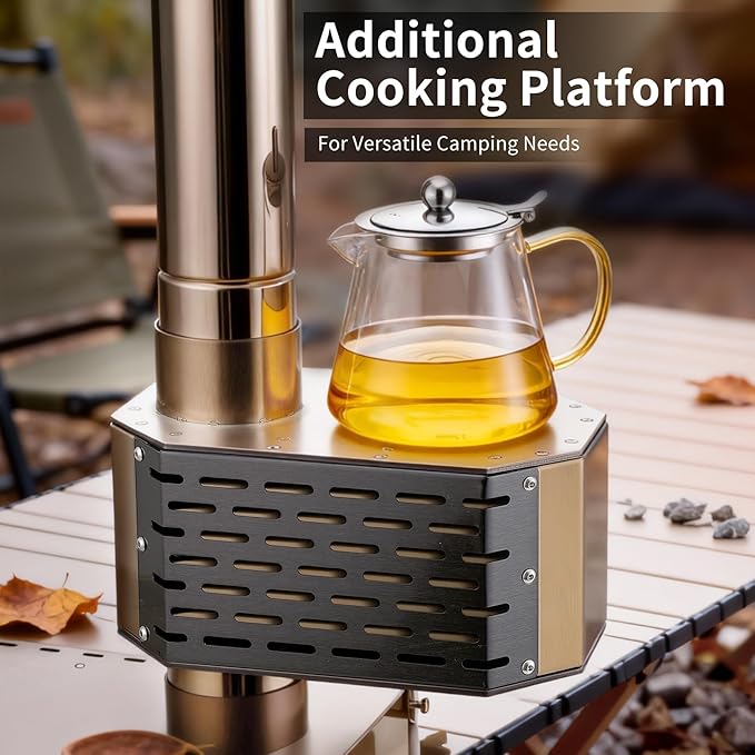 304 Stainless Steel Chimney Platform with Spark Arrestor and Cooking Platform, with Tent Protection, for Wood Burning Stoves with 70mm Diameter Chimneys, Rose Gold
