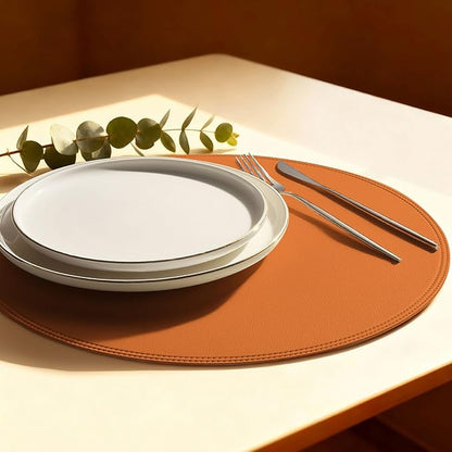 Round Vinyl Orange Placemats Set of 6, Faux Leather Waterproof Wipeable Heat Resistant Place Mats, Washable Table Mats for Halloween, Thanksgiving & Christmas Dinner(Orange)