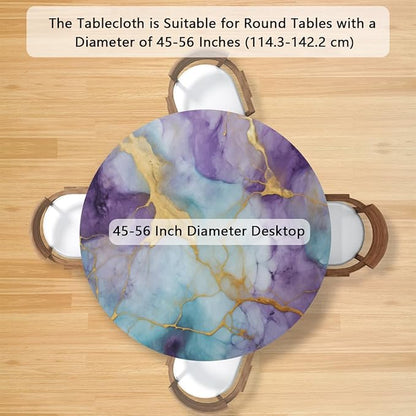 Marble Purple Gold Blue Round Table Cloth Cover, Elastic Edge Waterproof Wipeable Tablecloths 45"-56" Polyester Tablecloth for Party Restaurant Banquet Holiday Camping Outdoor Picnic