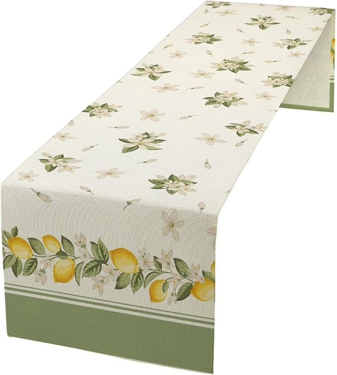 Lemon Spring Table Runner, Farmhouse Rustic Summer Flower Leaves Table Cover for Home Kitchen Dining Room Table, 13x60inch