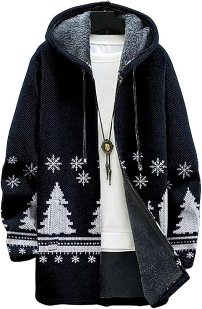 Men's Hooded Sweater Coat Knit Fleece Lined Long Cardigan Jacket with Zip Front Pocket Vintage Casual Zip Up