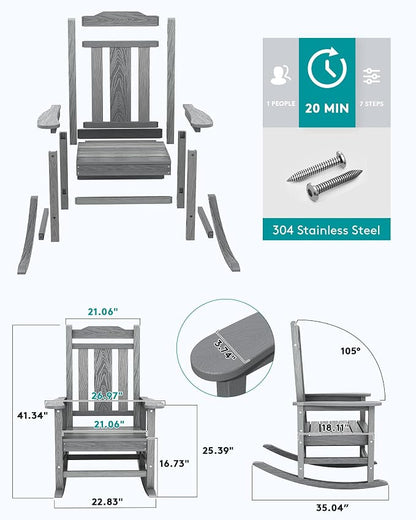 SERWALL Oversized Outdoor Rocking Chair, Patio Rocking Chair, Unique Gray | - Image 5