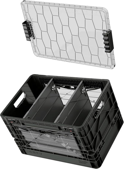 SIDIO Full-Size Collapsible Crate - Heavy Duty Stackable Storage Bin with Lid & 2 Short-Ways Dividers, Durable Plastic Organizer for Home, Office, Garage & Outdoor Use (Stealth)