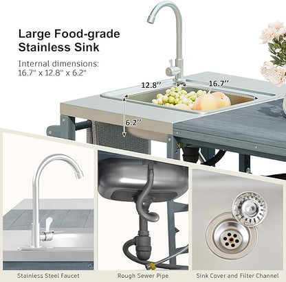 75.4" Outdoor Kitchen Grill Cart with Sink, Solid Fir Wood Island for XL Egg Grills, Rolling BBQ Bar Cart with Stainless Steel Top & Storage, Brown