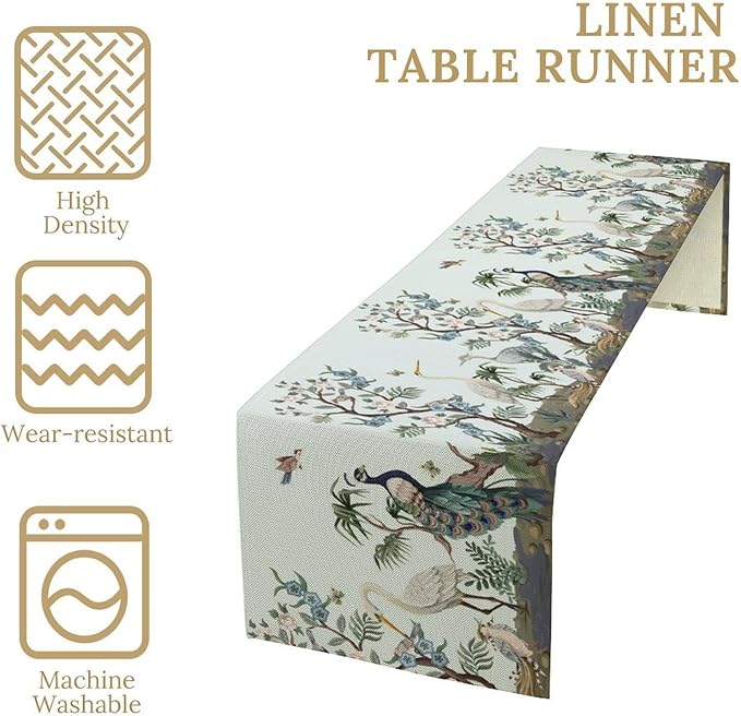 Blue Peacock Table Runner,Rustic Light Blue Crane Floral Branch Table Center Decor for Home Dining Kitchen Patio Holiday Party Indoor Table Decorations, 13"x72"