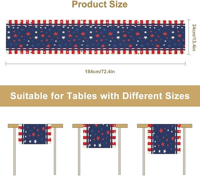 4th of July Table Runner, America Stars Stripes Patriotic Independence Memorial Day Table Runner for Kitchen Dining Home Party Holiday 13x120in
