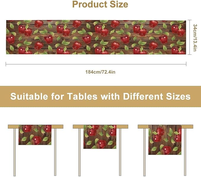 Sweet Apples Table Runner, Fresh Apples Fruit Rustic Wooden Background Table Runner for Kitchen Dining Party Picnic Outdoor 13x60in